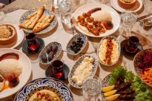 halal mediterranean food variety on a restaurant table